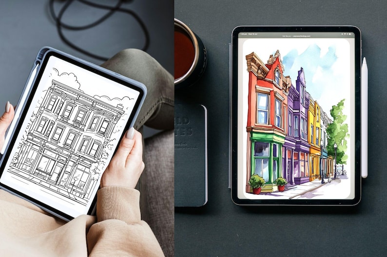 Puede incluir: Un dibujo digital de una fila de casas coloridas con una acera y una calle en frente. El dibujo est&aacute; en la pantalla de una tableta con un l&aacute;piz &oacute;ptico al lado.