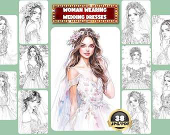 Bride Coloring Book: Wedding Dresses Grayscale Pages (Printable PDF)