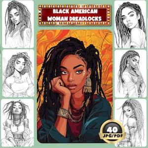 Op de afbeelding: Een set van 40 zwart-wit lijntekeningen van Afro-Amerikaanse vrouwen met dreadlocks. De tekeningen zijn in verschillende poses en uitdrukkingen. De titel "Black American Woman Dreadlocks" staat bovenaan de afbeelding.