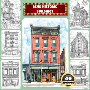 Puede incluir: Un conjunto de 40 dibujos en blanco y negro de edificios hist&oacute;ricos de Reno, Nevada. Los dibujos est&aacute;n realizados en un estilo acuarela e incluyen detalles como ventanas, puertas y elementos arquitect&oacute;nicos. El t&iacute;tulo "Reno Historic Buildings" se muestra en un letrero rojo.