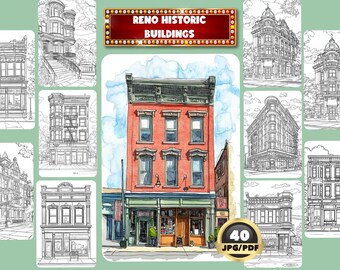 May include: A set of 40 black and white line drawings of historic buildings in Reno, Nevada. The drawings are in a watercolor style and include details like windows, doors, and architectural features. The title "Reno Historic Buildings" is displayed in a red marquee.