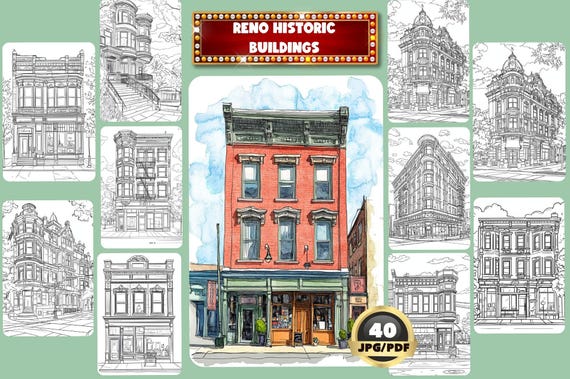 Reno Historic Buildings Coloring Book: Grayscale Old Architecture (Printable PDF)