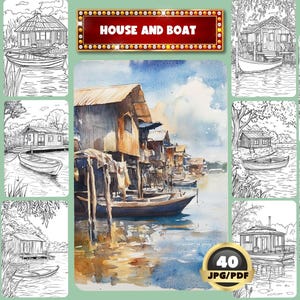 Lake House Coloring Book: Riverside Cottage, Boat Designs (Printable PDF)