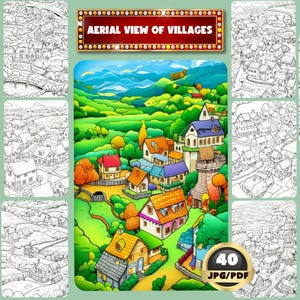 Aerial View Of Villages Coloring Book, Beautiful Village, Landscape, Relaxing Coloring, Digital Coloring, Instant Download, Printable PDF