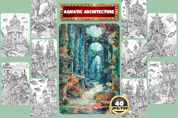 Ocean Coloring Book: Underwater Architecture, Grayscale (Printable PDF)
