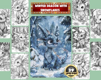 Winter Dragon With Snowflakes Coloring Book, Digital Coloring Book, Christmas Coloring, Instant Download, Grayscale Coloring, Printable PDF