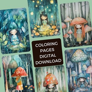 Cute Magic Forest Coloring Book Printable, Grayscale Coloring Digital ...