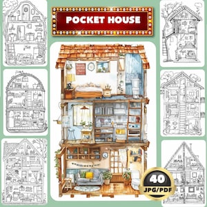 Könnte beinhalten: Eine Sammlung von illustrierten Miniaturhaus-Designs, einige in Schwarzweiß, andere in Farbe. Das zentrale Bild ist ein detailliertes Aquarell eines mehrstöckigen Hauses mit möblierten Zimmern. Der Text "POCKET HOUSE" wird oben angezeigt.