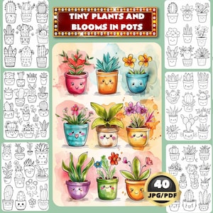 May include: A set of 40 printable coloring pages featuring tiny plants and flowers in pots. The images are black and white line drawings with a whimsical, cartoon style. The title "Tiny Plants and Blooms in Pots" is at the top of the page.