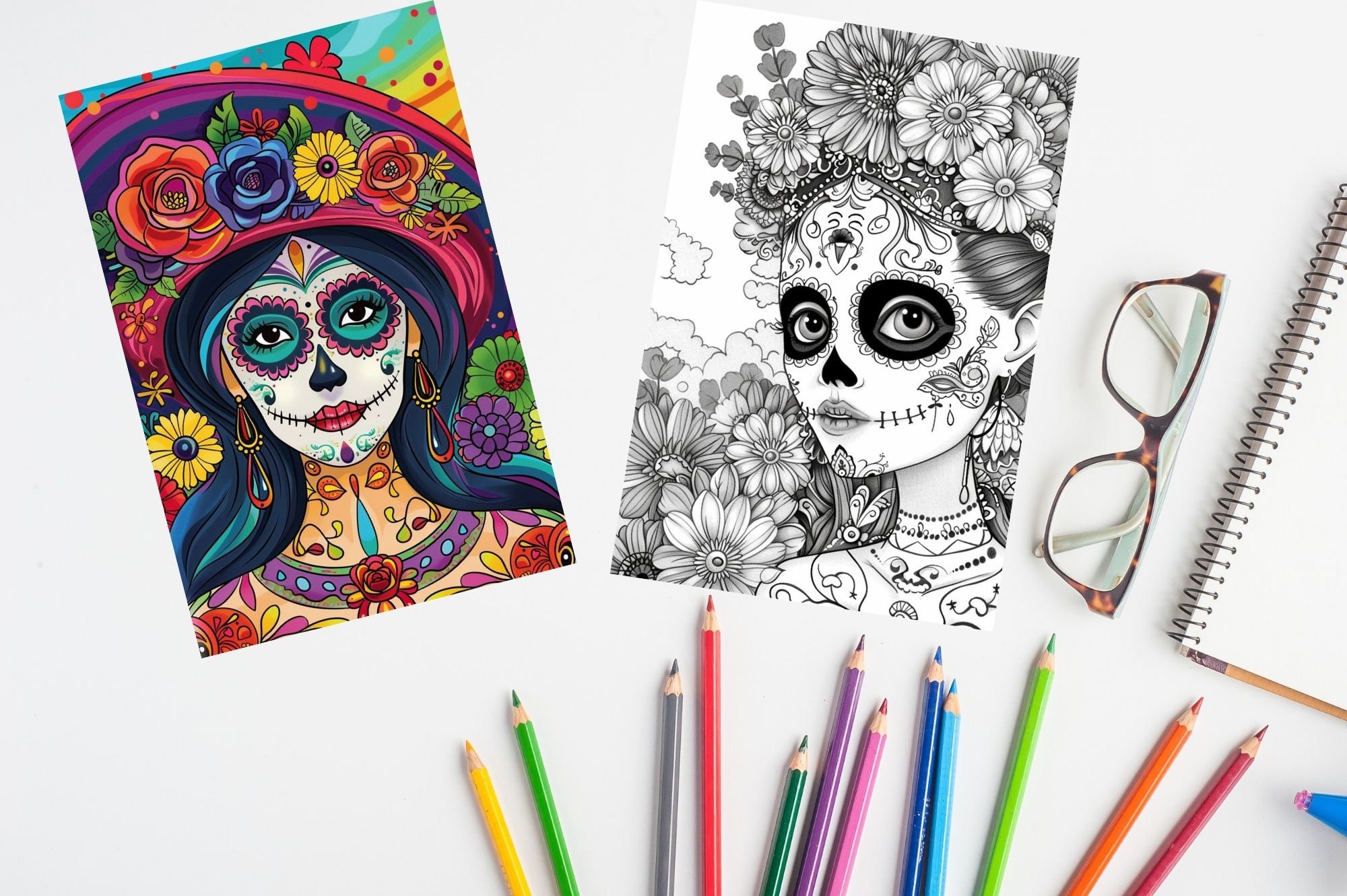 Dia De Los Muertos Coloring Book, Halloween Coloring Pages, Floral