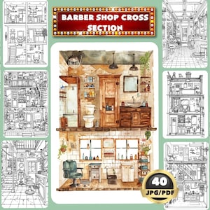 Könnte beinhalten: Eine Querschnitts-Illustration eines Friseursalons, die die Innenausstattung und das Layout zeigt. Das Bild enthält einen Friseurstuhl, ein Waschbecken, einen Spiegel und weitere Details. Das Bild ist in Schwarzweiß und hat einen Vintage-Stil.