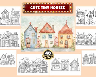Cute Tiny Houses Coloring Book, Architect Coloring, Cartoon House, Relaxing Coloring, Digital Coloring, Instant Download, Printable PDF