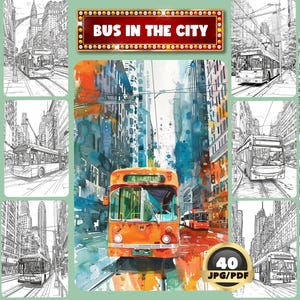 Bus In The City Coloring Book: Grayscale Streetscapes (Digital Download)