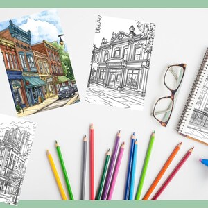 Puede incluir: Una colecci&oacute;n de p&aacute;ginas para colorear que presentan dibujos lineales detallados de varios edificios, incluyendo una fila de tiendas, una gran mansi&oacute;n y una casa m&aacute;s peque&ntilde;a. Las p&aacute;ginas est&aacute;n rodeadas de l&aacute;pices de colores, un par de gafas y un peque&ntilde;o cami&oacute;n de juguete.