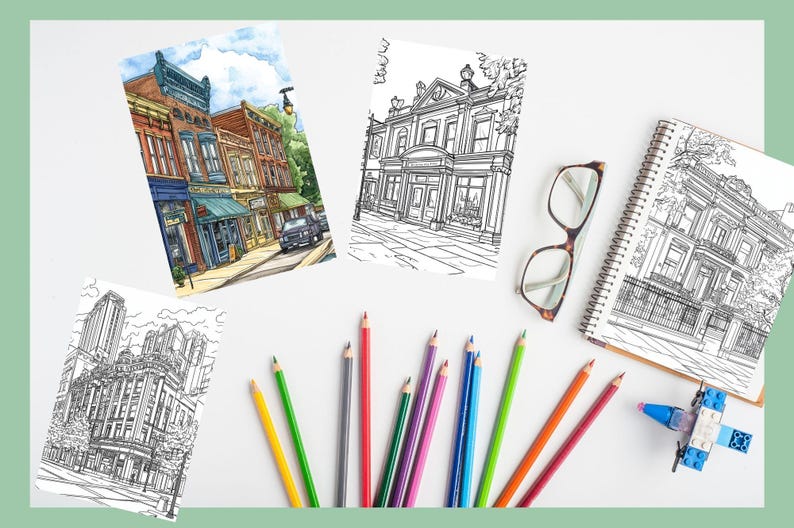 Puede incluir: Una colecci&oacute;n de p&aacute;ginas para colorear que presentan dibujos lineales detallados de varios edificios, incluyendo una fila de tiendas, una gran mansi&oacute;n y una casa m&aacute;s peque&ntilde;a. Las p&aacute;ginas est&aacute;n rodeadas de l&aacute;pices de colores, un par de gafas y un peque&ntilde;o cami&oacute;n de juguete.