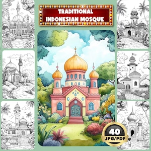 Traditional Indonesian Mosque Coloring Book, Masjid, Islamic, Mosque, Digital Coloring, Instant Download, Grayscale Coloring, Printable PDF