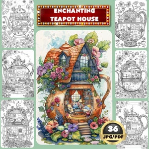 Könnte beinhalten: Eine Aquarell-Illustration eines Teekannenhauses mit einem roten Dach und einem Fenster. Die Teekanne ist von Blumen und Grün umgeben. Der Text "Enchanting Teapot House" ist in einem Banner über der Teekanne geschrieben. Der Text "36 JPG/PDF" ist in einem Kreis unter der Teekanne geschrieben.