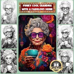 Funky Cool Grandma With Fabulous Drink Coloring Book, Funny Elderly, Crazy Grandma, Digital Coloring, Grayscale Coloring, Printable PDF