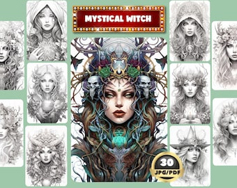 May include: A collection of digital art prints featuring mystical witch portraits. The images showcase detailed illustrations of women with various adornments, including floral crowns, skull motifs, and hooded cloaks. The text "MYSTICAL WITCH" is displayed above the images.