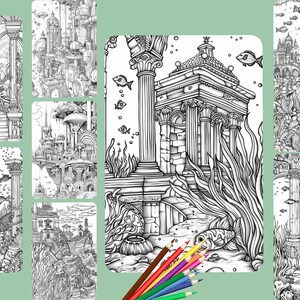 May include: A collection of black and white fantasy illustrations featuring underwater scenes with architectural elements, fish, and aquatic plants. Colored pencils are included in the image. The illustrations are suitable for coloring.