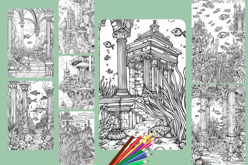 May include: A collection of black and white fantasy illustrations featuring underwater scenes with architectural elements, fish, and aquatic plants. Colored pencils are included in the image. The illustrations are suitable for coloring.