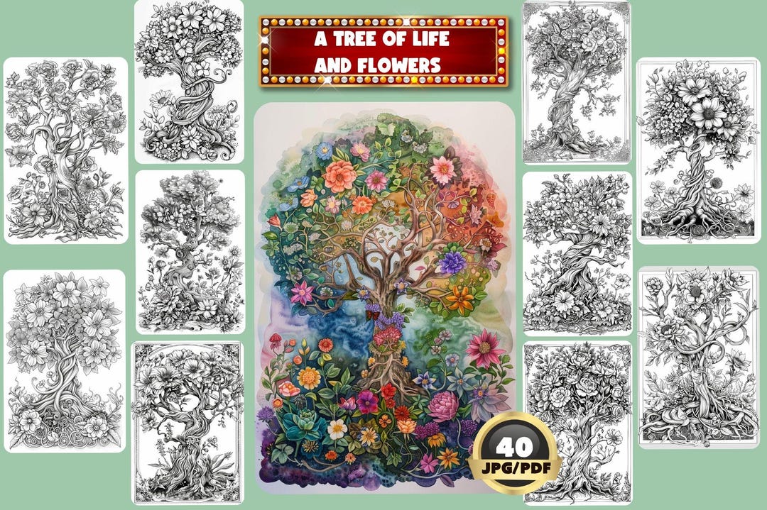 A Tree of Life and Flowers Coloring Book, Floral Coloring Page, Digital ...