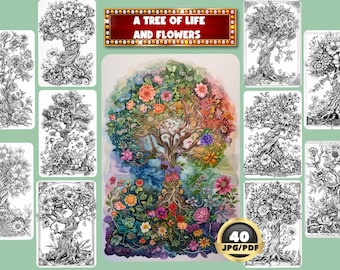 A Tree Of Life And Flowers Coloring Book, Floral Coloring Page, Digital Coloring, Instant Download, Grayscale Coloring Book, Printable PDF
