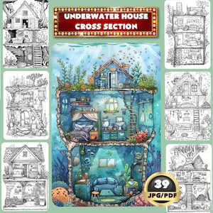 Unterwasser Haus Querschnitt Malbuch: Grayscale Architekt Printable (PDF)
