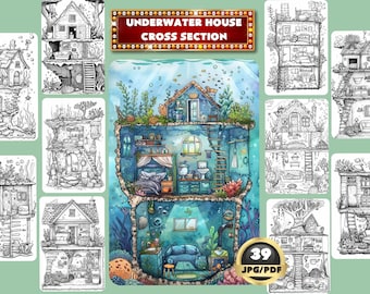 Livre de coloriage en coupe transversale d'une maison sous-marine : architecte en niveaux de gris imprimable (PDF)