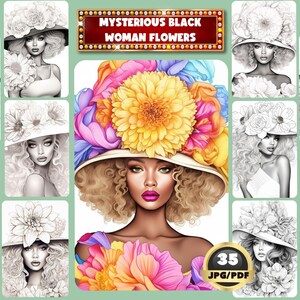 May include: Digital art featuring a woman with curly blonde hair and a large hat adorned with colorful flowers. The image includes multiple portraits, some in grayscale, and text that reads "MYSTERIOUS BLACK WOMAN FLOWERS" and "35 JPG/PDF".