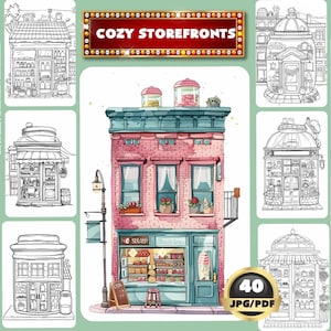 Kolorowanka Cozy Storefronts, Kolorowanka w skali szarości, Kolorowanka Shophouse, Kolorowanka Architect, Kolorowanka do druku, Pobieranie cyfrowe, PDF