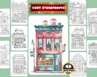 Cozy Storefronts Coloring Book, Grayscale Coloring, Shophouse Coloring, Architect Coloring, Printable Coloring Book, Digital Download, PDF
