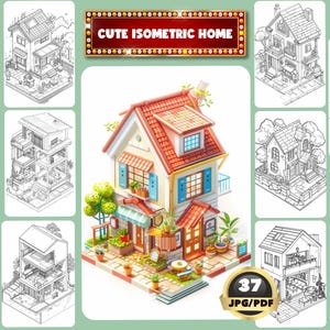 以下が含まれることがあります： 赤い屋根、青いシャッター、小さなショップがある家のカラフルな等角図イラスト。中央の画像の周りには、さまざまな家のデザインの白黒の線画がいくつかあります。画像には「CUTE ISOMETRIC HOME」と「37 JPG/PDF」の文字が含まれています。