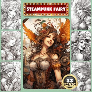 Steampunk Fairy Digital Coloring Book, Beautiful Woman Coloring, Portraits Coloring, Instant Download, Grayscale Coloring, Printable PDF