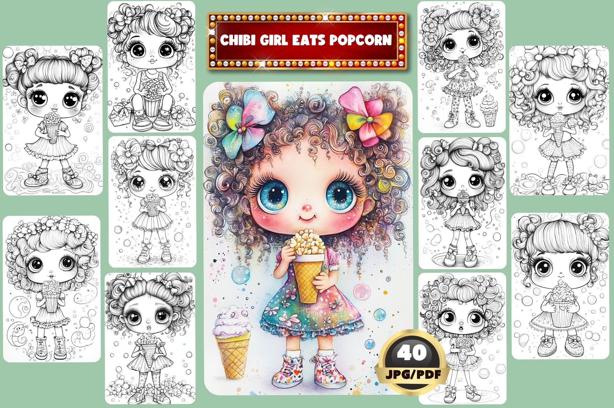 Chibi Girl Eats Popcorn Coloring Book: Kawaii Kids Printable (PDF) - Etsy
