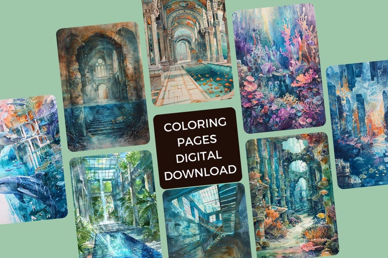 Ocean Coloring Book: Underwater Architecture, Grayscale (Printable PDF) image 9