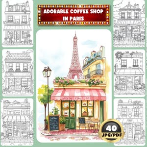 Adorable Coffee Shop In Paris Coloring Book, Cozy France Coffee Shop, Digital Coloring, Instant Download, Grayscale Coloring, Printable PDF