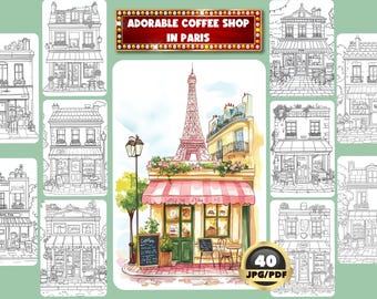 Może przedstawiać: Strona do kolorowania przedstawiająca paryską kawiarnię z różowym daszkiem i widokiem na wieżę Eiffla. Kawiarnia jest otoczona kwiatami i drzewami. Strona jest częścią zestawu 40 stron do kolorowania.