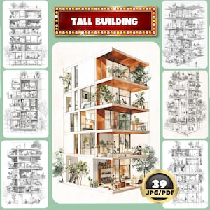 Könnte beinhalten: Eine Schwarzweiß-Zeichnung eines hohen Gebäudes mit mehreren Stockwerken. Das Gebäude ist von Bäumen und Pflanzen umgeben. Die Zeichnung ist mit "Tall Building" in einem roten Banner oben im Bild beschriftet. Das Bild ist in 10 kleinere Bilder unterteilt, die jeweils eine andere Ansicht des Gebäudes zeigen.
