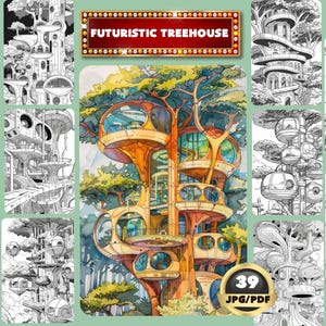 May include: A collection of digital art prints featuring futuristic treehouses. The central image showcases a colorful treehouse with multiple levels and large windows. Surrounding images are black and white line drawings of various treehouse designs. The text "FUTURISTIC TREEHOUSE" is displayed.