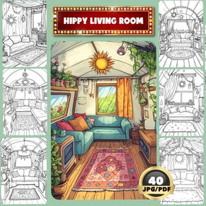 以下が含まれることがあります： ソファ、植物、敷物のあるヒッピーの居間を描いた40ページの塗り絵セット。ページは白黒の線画です。