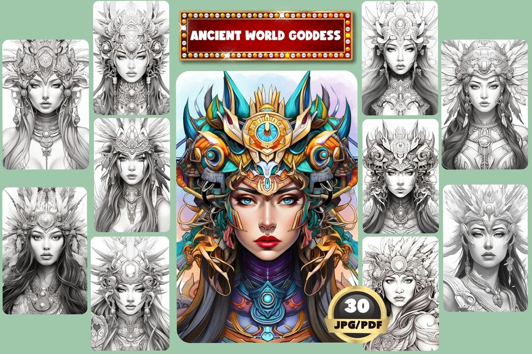 Ancient World Goddess Coloring Book, Grayscale Queen Art (printable PDF ...