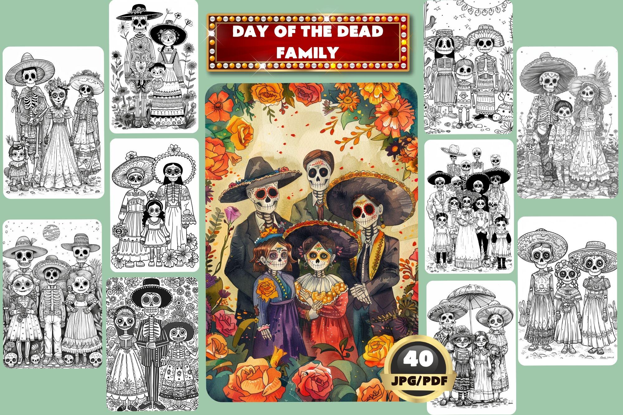 Day Of The Dead Family Coloring Book, Dia De Los Muertos Family, Digital Coloring, Instant Download, Grayscale Coloring Book, Printable PDF