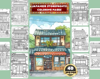 Japanese Storefronts Coloring Book, Japan Restaurant, Shophouse Coloring, House Coloring, Digital Coloring, Instant Download, Printable PDF