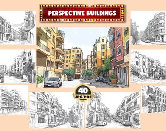 May include: A set of 40 black and white line drawings of perspective buildings. The drawings are in a variety of styles and feature different types of buildings, including houses, shops, and apartments. The drawings are perfect for use in architectural design, illustration, or as inspiration for your own artwork.