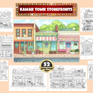 Libro para colorear de escaparates de Kawaii Town n.º 2, fachada de casa de dibujos animados, arquitecto para colorear, coloración digital, descarga instantánea, PDF imprimible