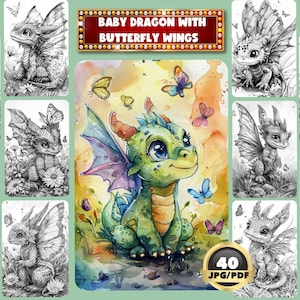 Baby Dragon With Butterfly Wings Coloring Book, Fantasy Dragon, Digital Coloring, Instant Download, Grayscale Coloring, Printable PDF
