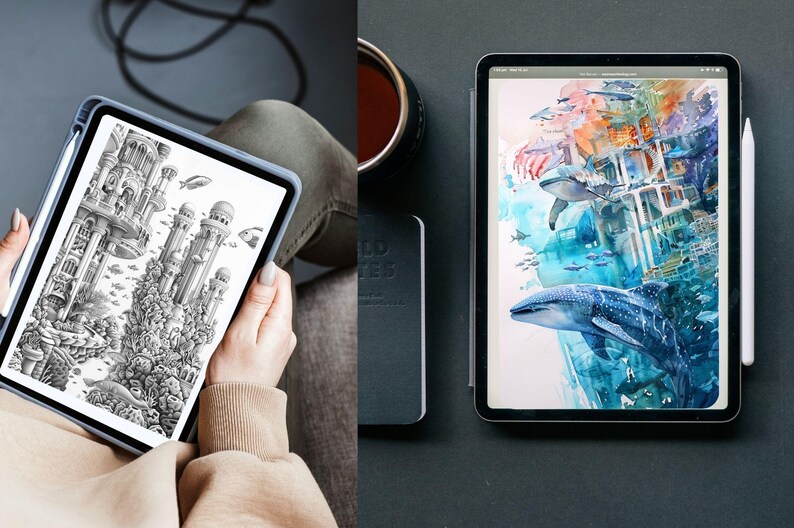 May include: Two tablets displaying artwork. One shows a black and white architectural drawing with fish. The other tablet displays a watercolor painting of whales and an underwater scene. A stylus and a notebook are also visible.