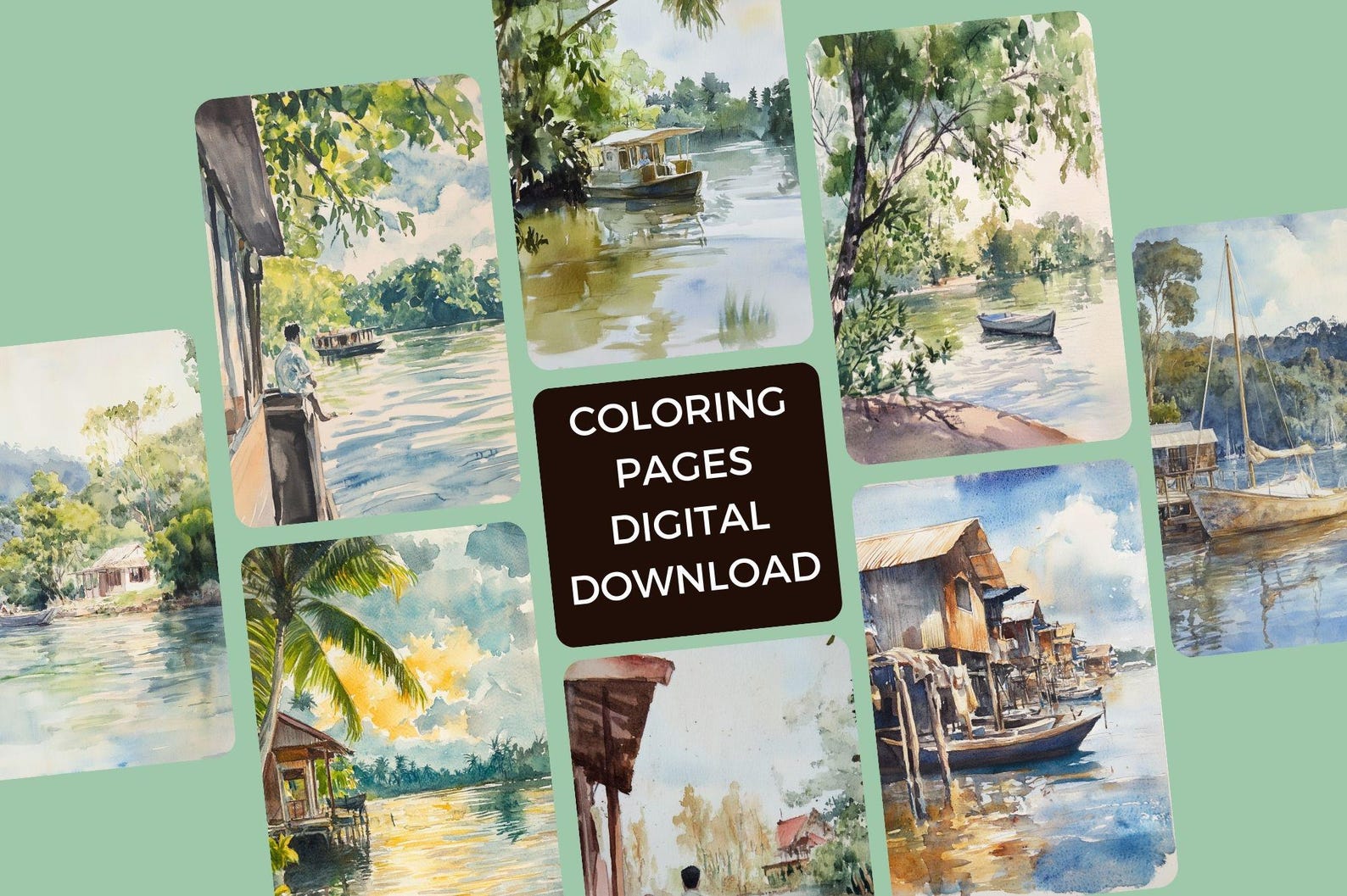 House and Boat Coloring Book, Digital Coloring, Lake House Coloring ...