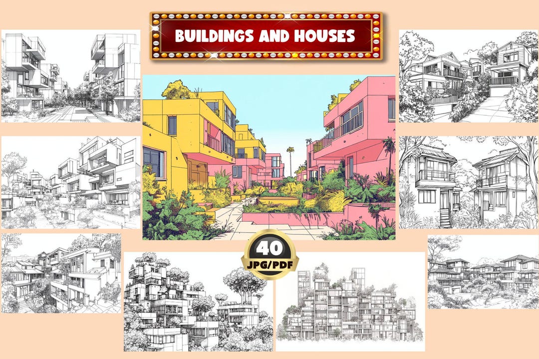 How To Color Building Buildings and Houses Coloring Book: Grayscale Architect Designs ...